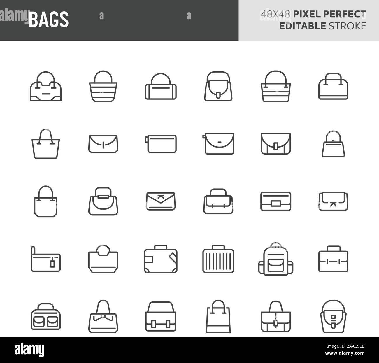 30 linea sottile icone associate con i sacchetti. Simboli come la moda, office e viaggiatore busta sono incluse in questa serie. 48x48 pixel perfetta icona vettore & Illustrazione Vettoriale