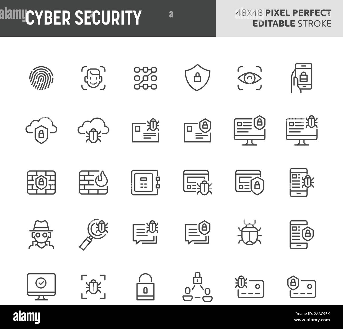30 linea sottile icone associate con cyber security con il riconoscimento delle impronte digitali, face ID, mobile, cloud & computer di sicurezza sono incluse in questa serie. 4 Illustrazione Vettoriale