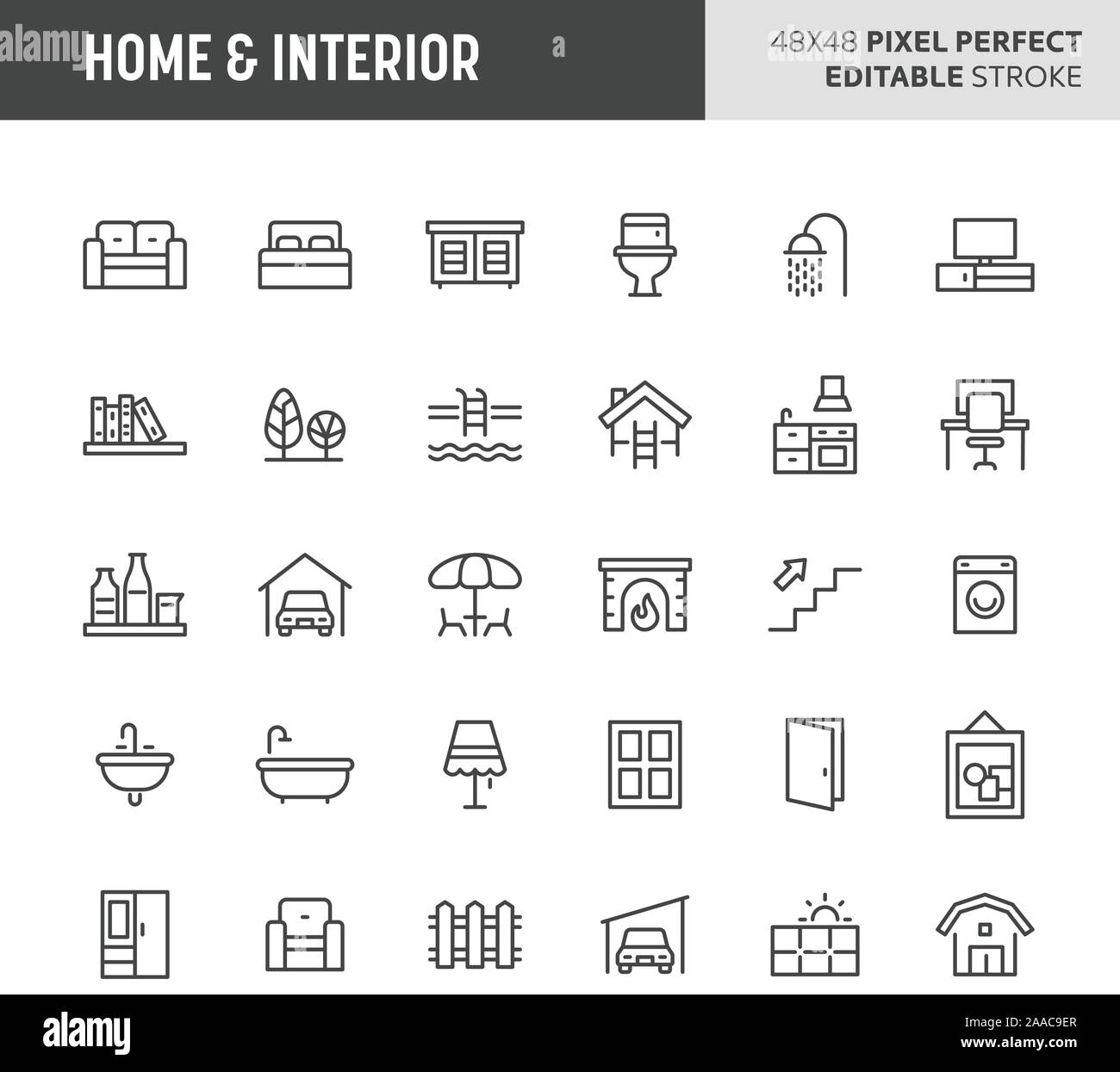 30 linea sottile icone associate con home & interior. Simboli come arredamento domestico, tipi di camera e gli elettrodomestici sono inclusi in questo set. 48x48 Illustrazione Vettoriale