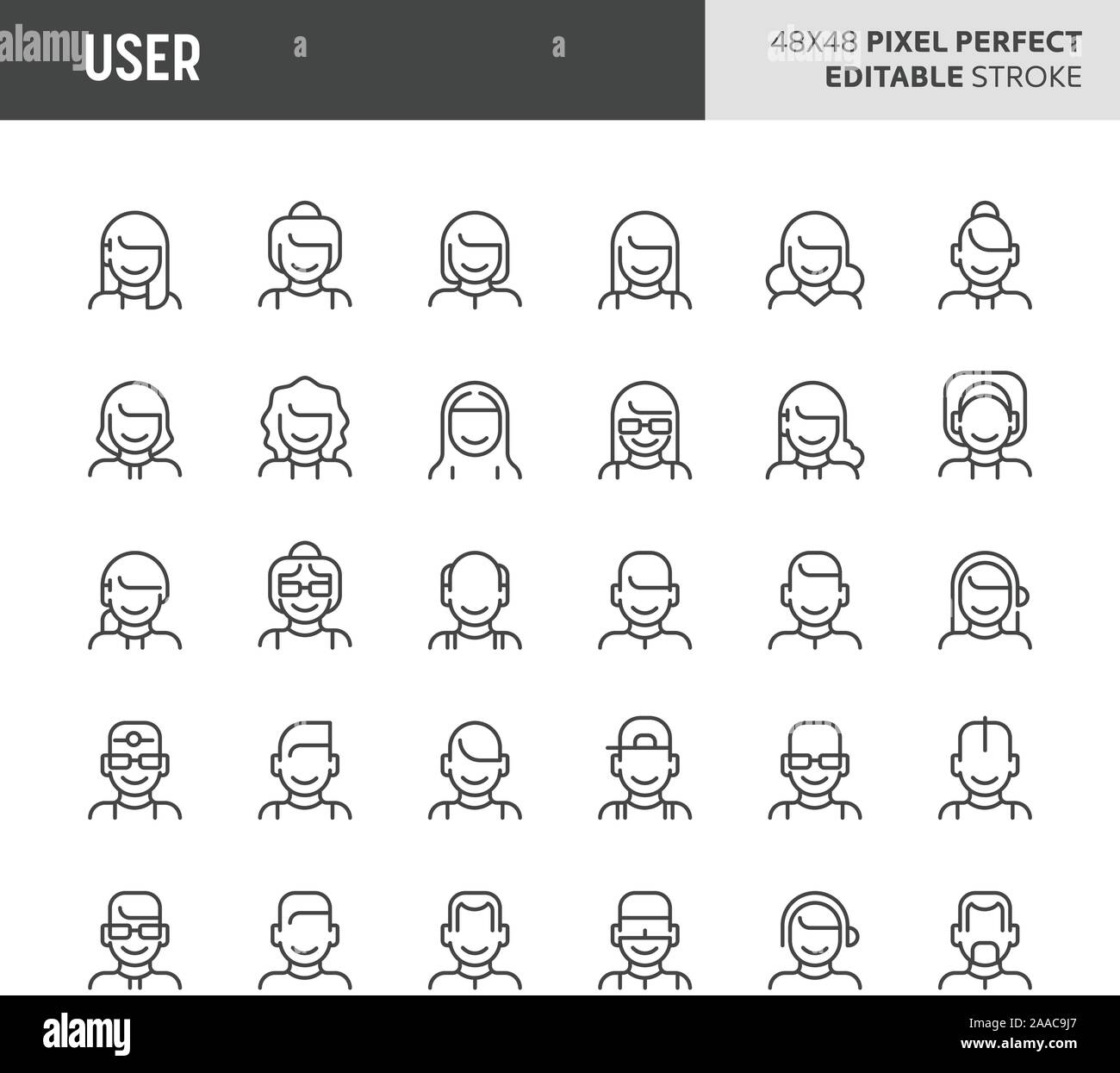 30 linea sottile icone associate a utenti e avatar con diversi tipi di facce e capelli di persone sono incluse in questa serie. 48x48 pixel vec perfetto Illustrazione Vettoriale