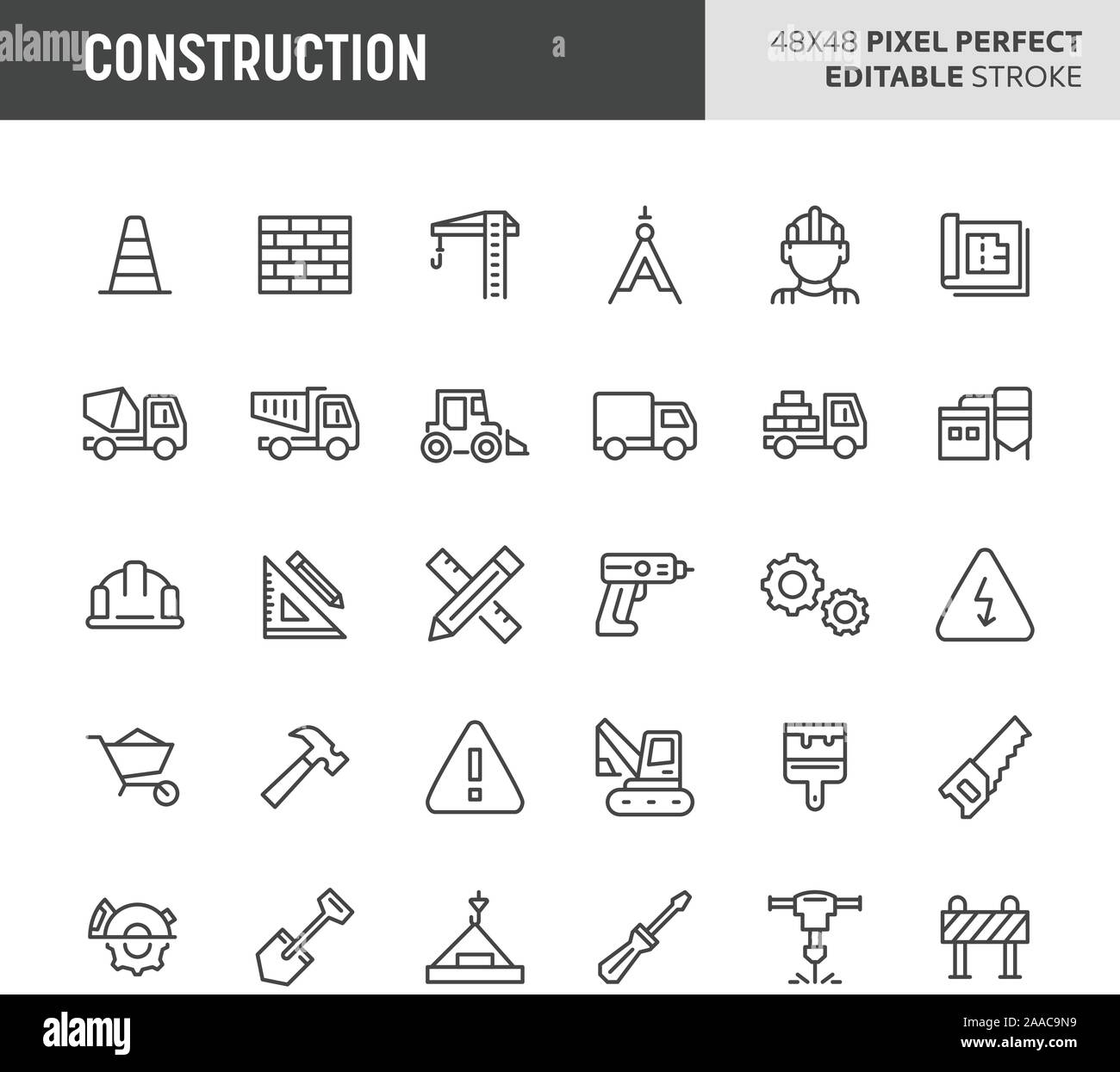 30 linea sottile icone associate con la costruzione. Simboli come ad esempio gru, strumenti di lavoro, di trasporto e di costruzione segno sono incluse in questa serie. Illustrazione Vettoriale