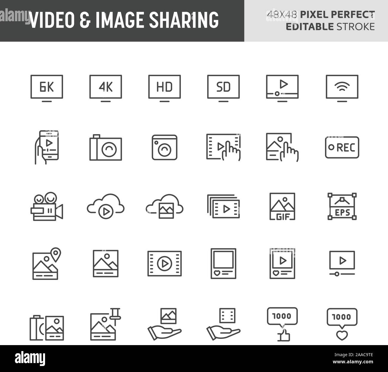30 linea sottile icone associate con video e la condivisione di immagini. Simboli come audio-video e di immagini sono incluse in questa serie. 48x48 pixel sposa perfettamente Illustrazione Vettoriale