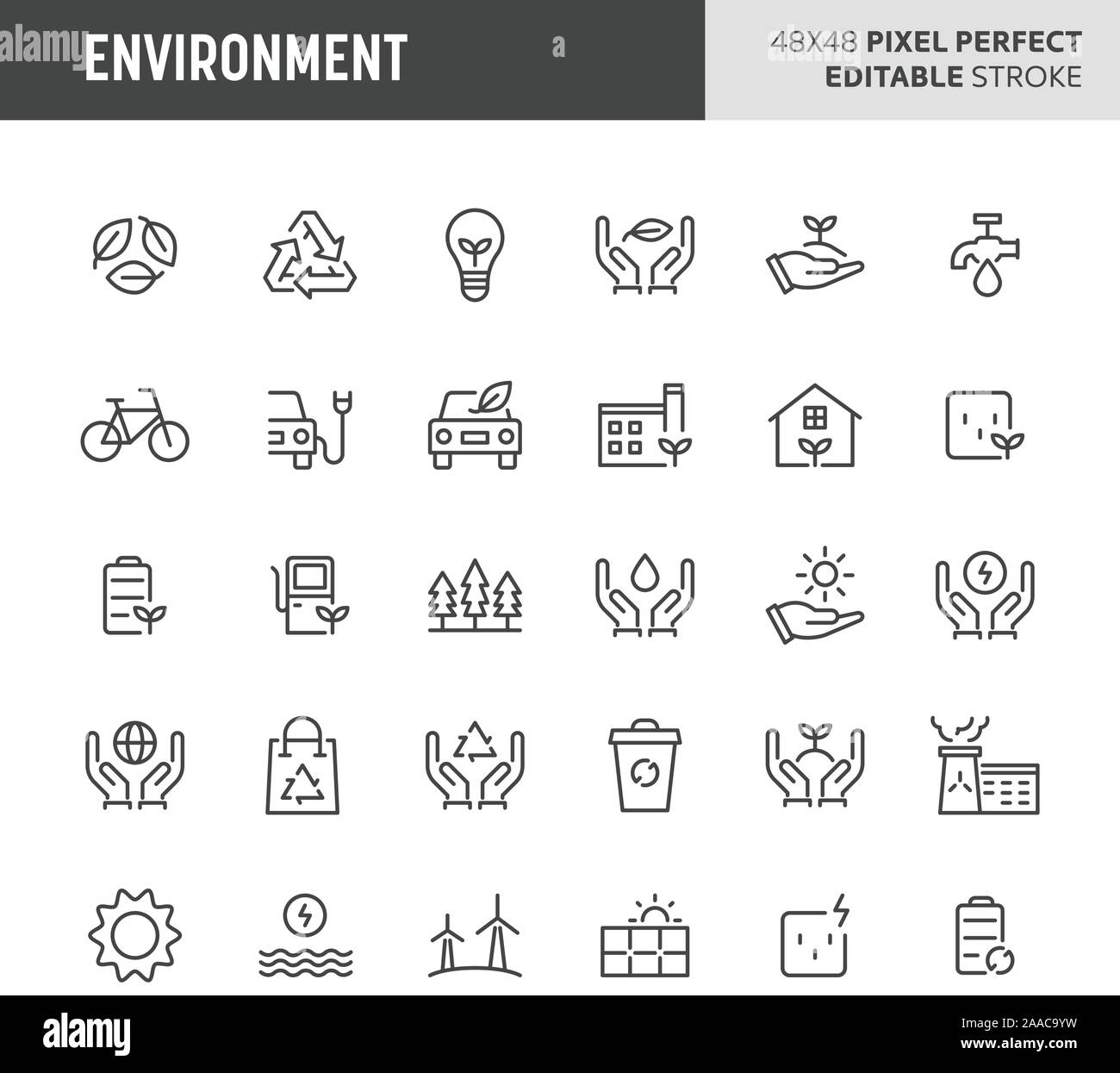 30 linea sottile icone associate con l'ambiente. Simboli come verde e eco-friendly simbolo sono incluse in questa serie. 48x48 pixel perfetta icona vettore Illustrazione Vettoriale