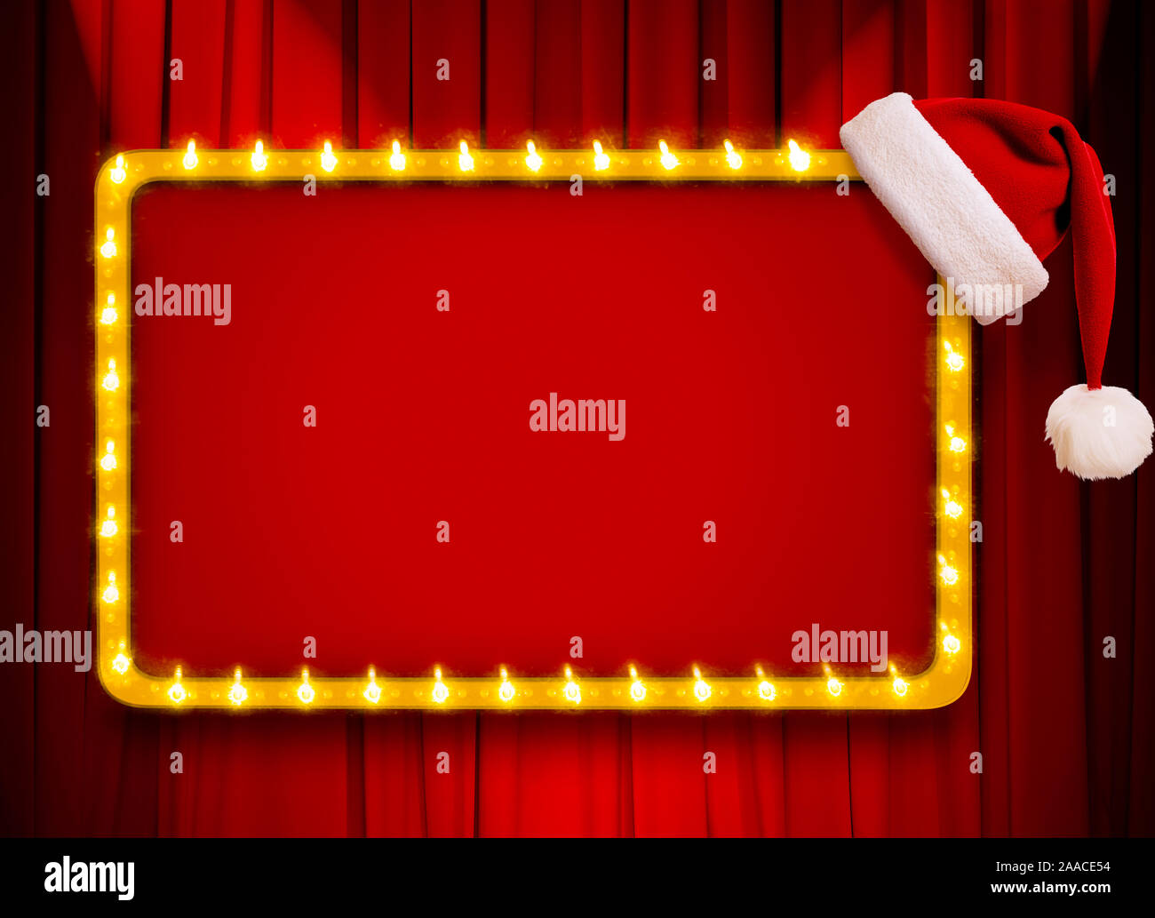 Luce rossa segno con cornice dorata e cappello di Natale su rosso il teatro o il cinema a tendina. I supporti misti. Foto Stock