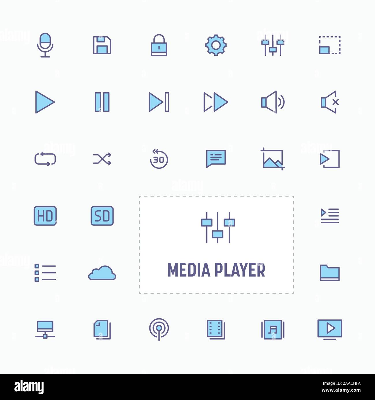 Media player - linea sottile sito & pulsante applicazione. semplice e minima pulsante vettore collezione. Illustrazione Vettoriale