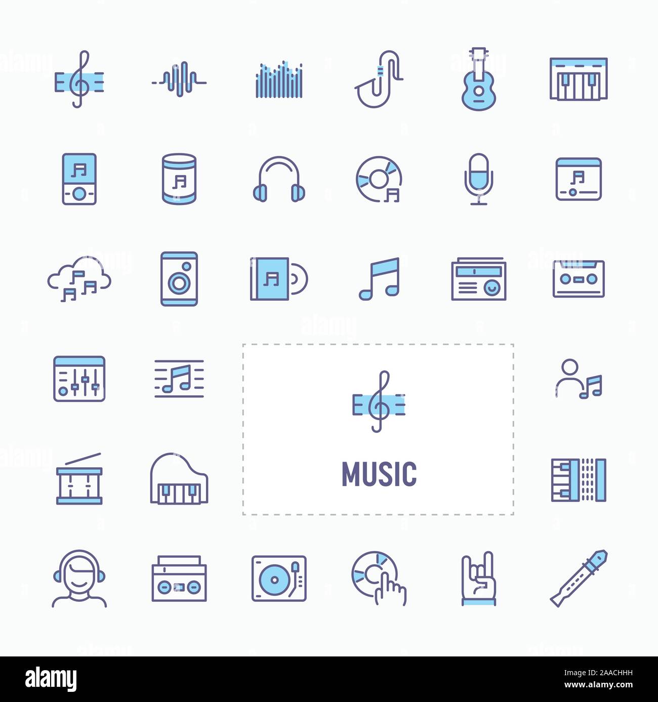 Musica e strumento - linea sottile, sito web application & presentazione icona. semplice e minima icona Vettore e illustrazione collezione. Illustrazione Vettoriale