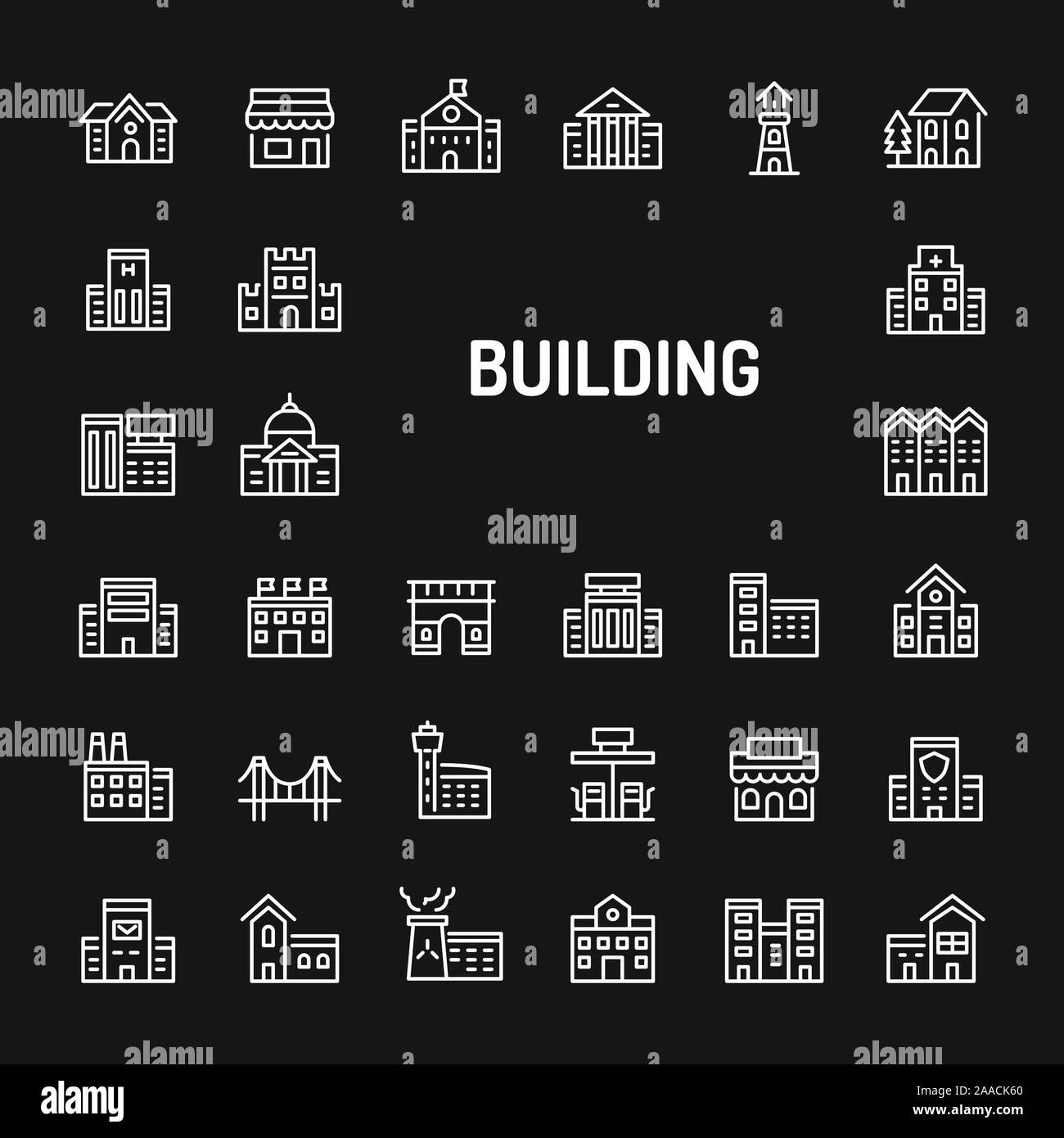 Semplice bianco le icone della linea isolate su sfondo nero relativi agli edifici, architetture e strutture. Vettore di segni e di simboli collezioni per nastri Illustrazione Vettoriale