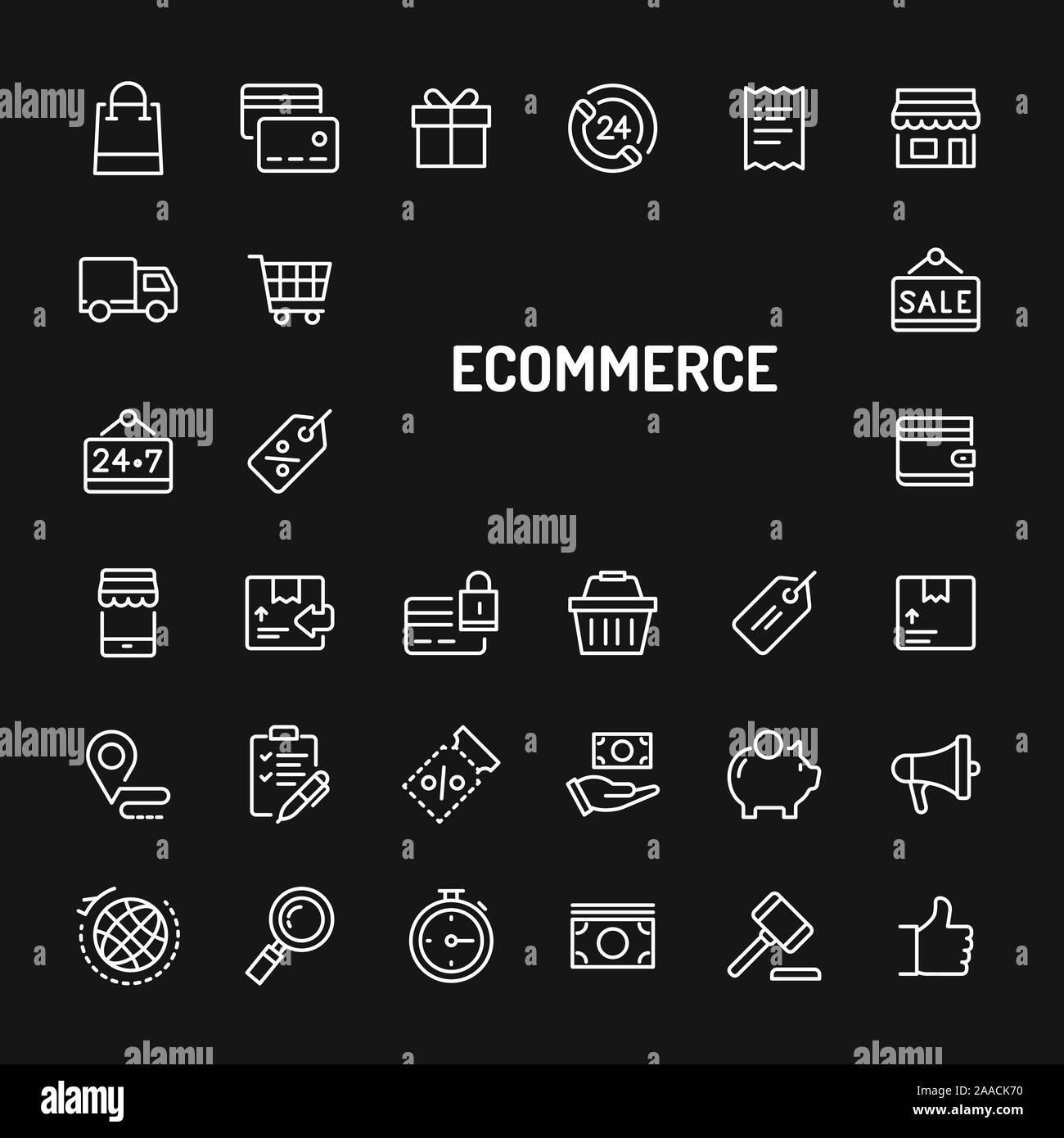 Semplice bianco le icone della linea isolate su sfondo nero relative ad attività commerciali e di e-commerce. Vettore di segni e di simboli di collezioni di sito web e Illustrazione Vettoriale
