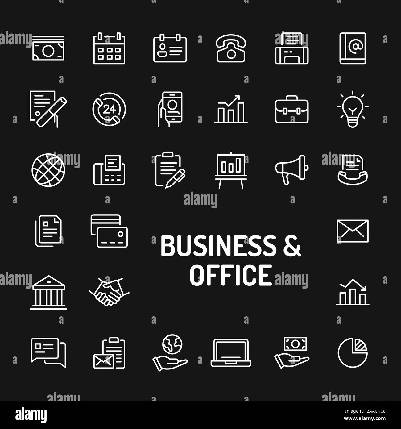 Semplice bianco le icone della linea isolate su sfondo nero legati al business e office. Vettore di segni e di simboli collezioni per il sito web e design templ Illustrazione Vettoriale