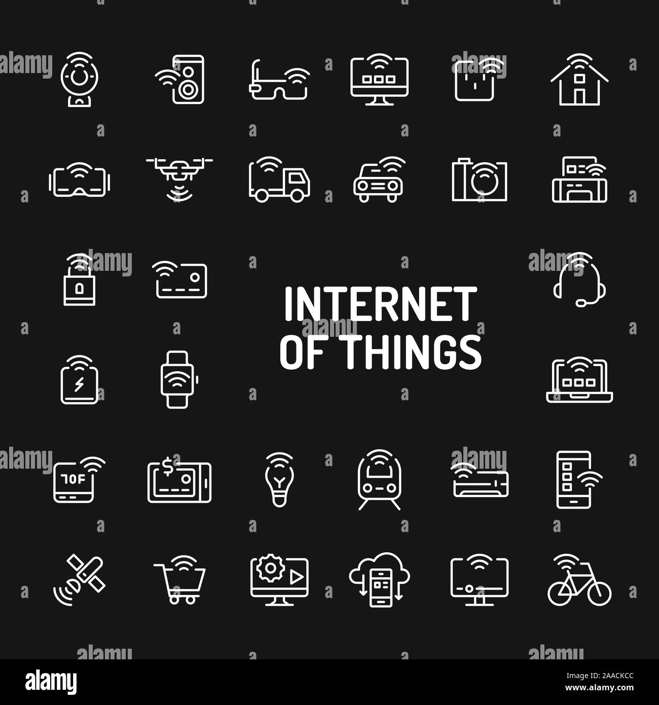 Semplice bianco le icone della linea isolate su sfondo nero legate a internet delle cose (IOT). Vettore di segni e di simboli di collezioni di sito web e desig Illustrazione Vettoriale