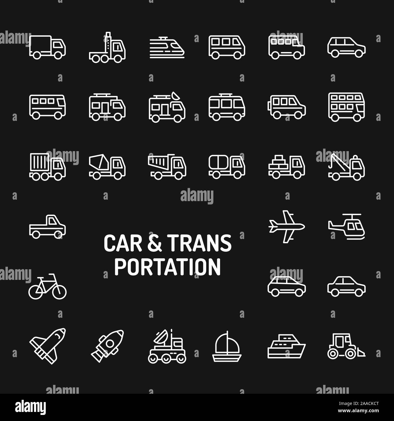 Semplice bianco le icone della linea isolate su sfondo nero relative alle automobili e mezzi di trasporto. Vettore di segni e di simboli collezioni per il sito web e design Illustrazione Vettoriale