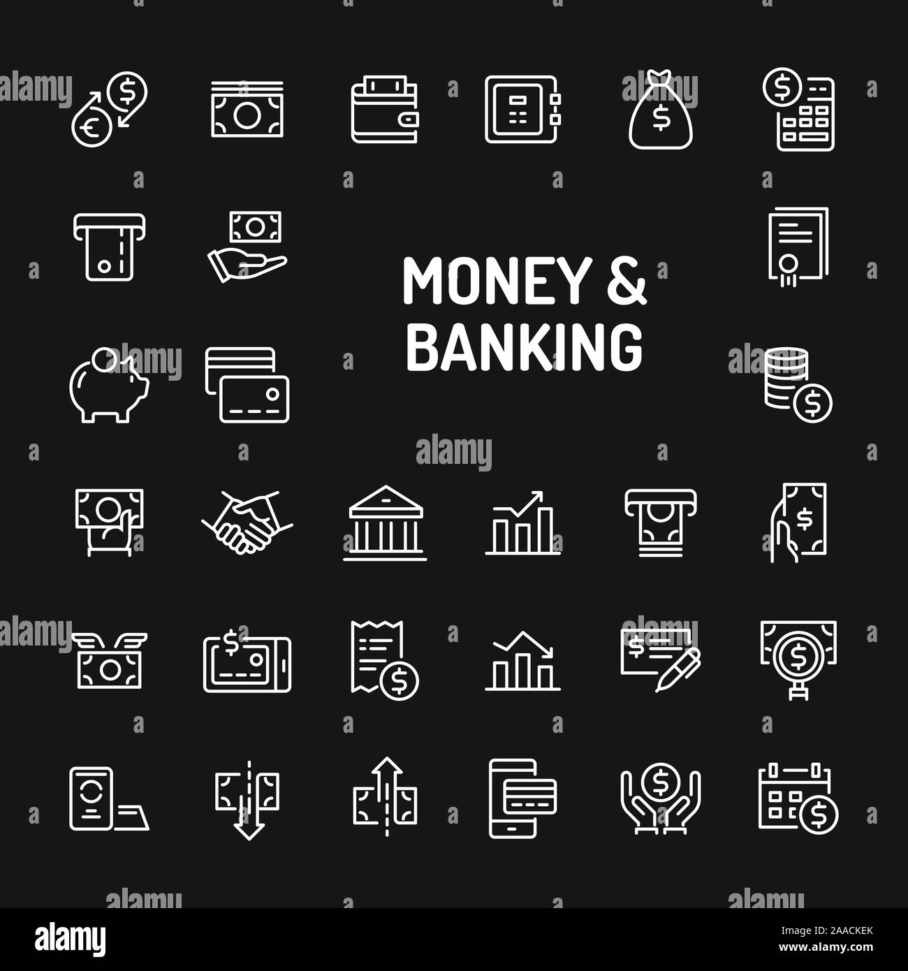Semplice bianco le icone della linea isolate su sfondo nero relative agli aspetti finanziari, Moneta e banche. Vettore di segni e di simboli collezioni per sito e d Illustrazione Vettoriale