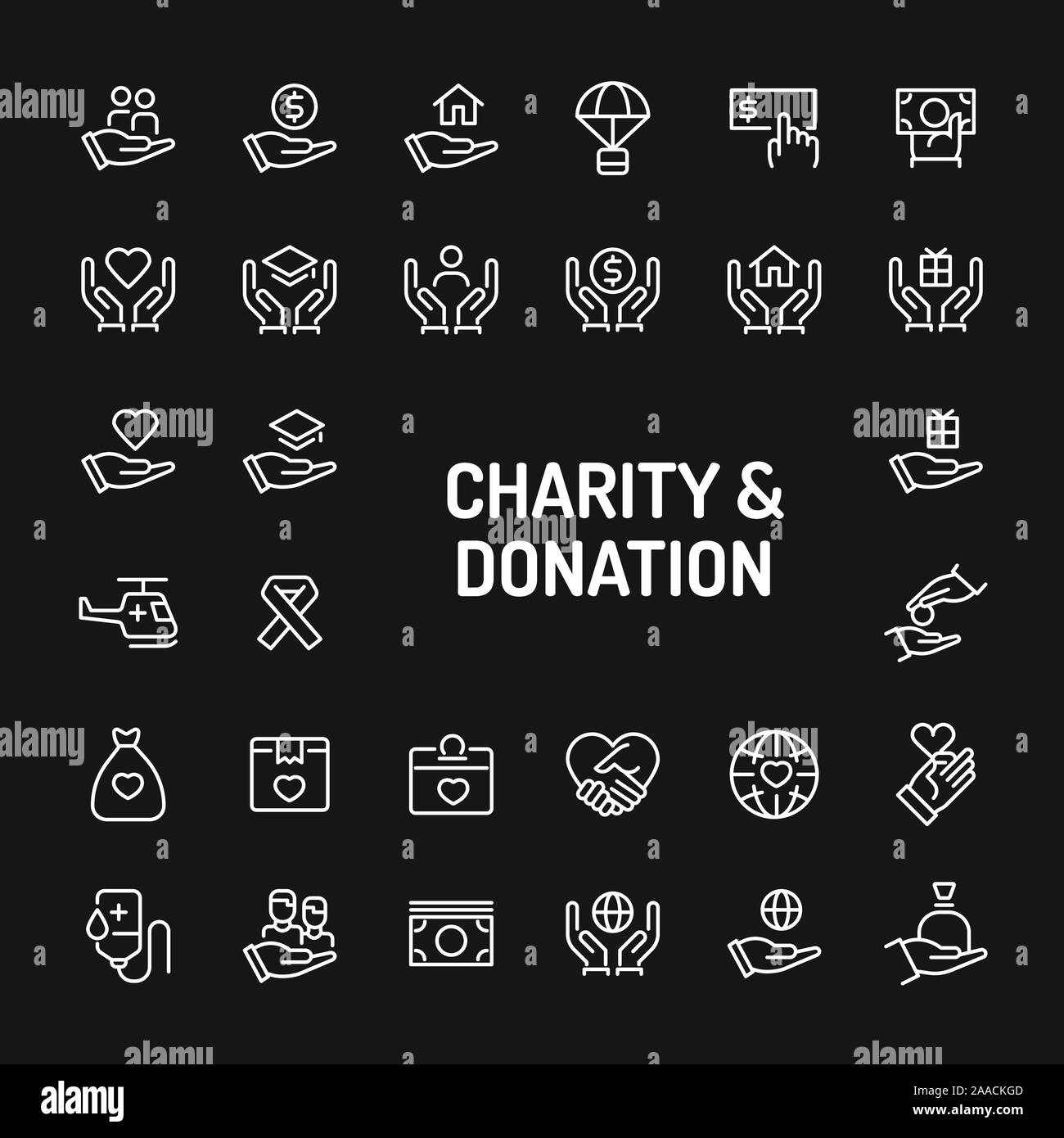 Semplice bianco le icone della linea isolate su sfondo nero legati alla carità e donazione. Vettore di segni e di simboli collezioni per sito web design e temp Illustrazione Vettoriale