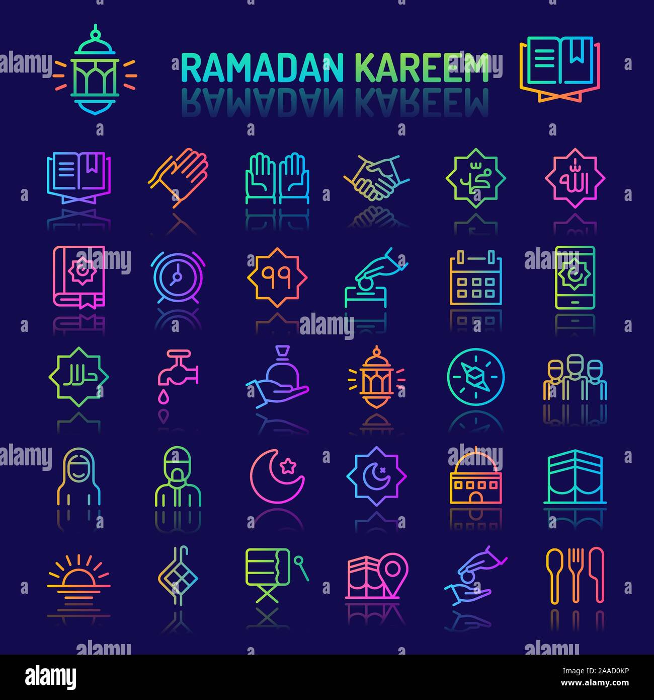 Gradiente di semplici icone a colori isolate su sfondo scuro relative a quella islamica e il Ramadan. Vettore di segni e di simboli di collezioni di sito web e app. Illustrazione Vettoriale