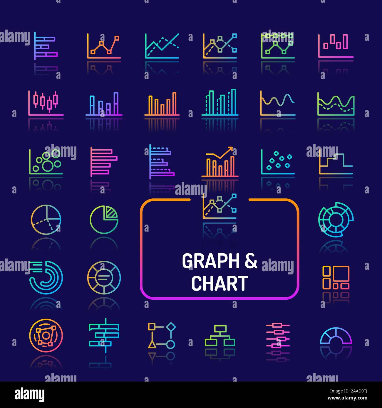 Gradiente di semplici icone a colori isolate su sfondo scuro relativi a grafici e diagrammi e grafici. Vettore di segni e di simboli di collezioni di sito web e Illustrazione Vettoriale