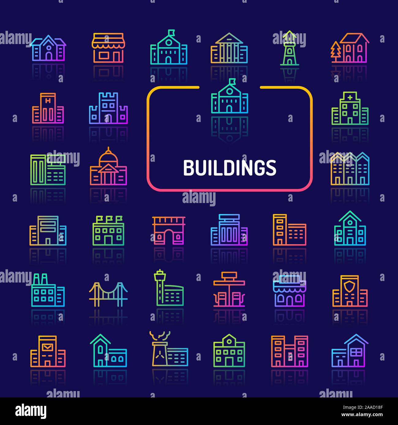 Gradiente di semplici icone a colori isolate su sfondo scuro relativi agli edifici, architetture e strutture. Vettore di segni e di simboli collezioni per w Illustrazione Vettoriale