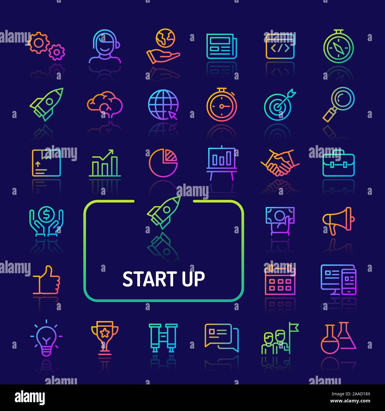 Gradiente di semplici icone a colori isolate su sfondo scuro relative ad avviare il business e la società. Vettore di segni e di simboli collezioni per un sito web Illustrazione Vettoriale