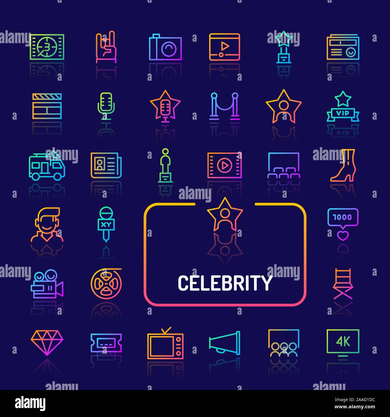 Gradiente di semplici icone a colori isolate su sfondo scuro legati alla celebrità e superstars. Vettore di segni e di simboli di collezioni di sito web e ap Illustrazione Vettoriale