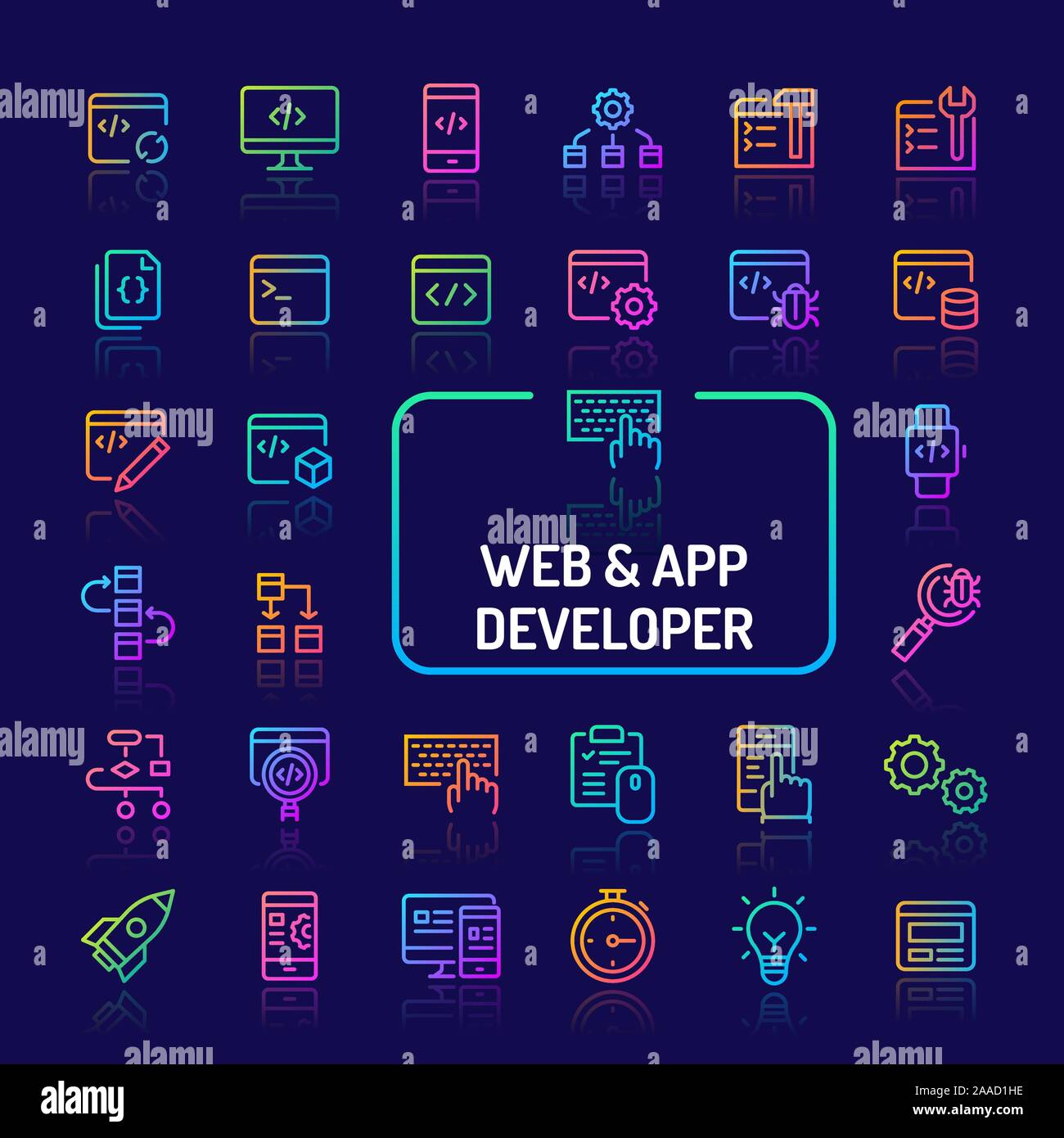 Gradiente di semplici icone a colori isolate su sfondo scuro relative al sito web e gli sviluppatori di app. Vettore di segni e di simboli di collezioni di sito web e di un Illustrazione Vettoriale