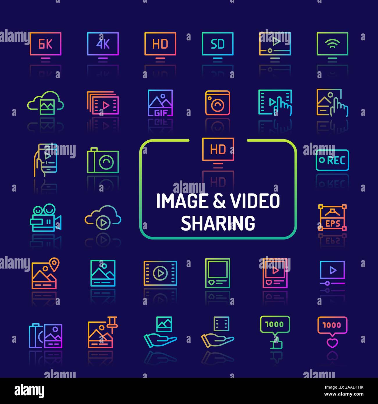 Gradiente di semplici icone a colori isolate su sfondo scuro relativi a video e la condivisione di immagini. Vettore di segni e di simboli di collezioni di sito web e app.. Illustrazione Vettoriale
