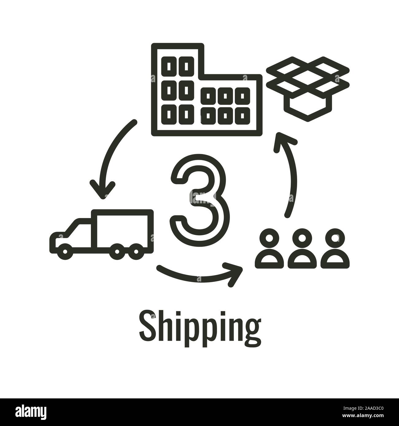 Icona di logistica che mostra il movimento da 1 posto alla successiva Illustrazione Vettoriale