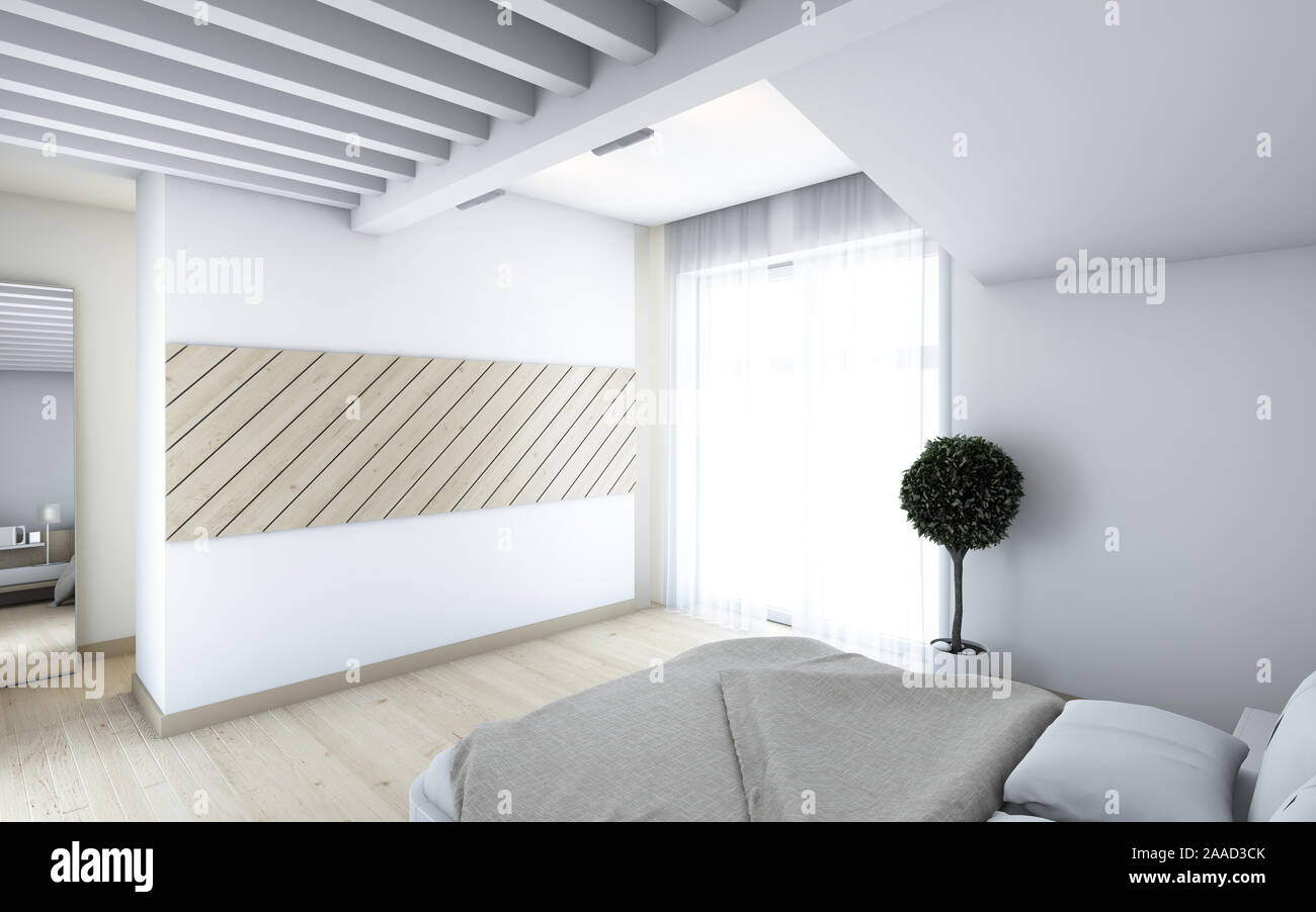 Camera da letto in whithe con legno Foto Stock