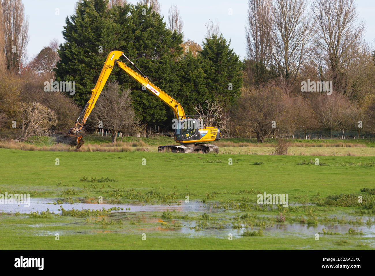 Il dragaggio con una gru di JCB, la cancellazione delle vie navigabili, segala, east sussex, Regno Unito Foto Stock