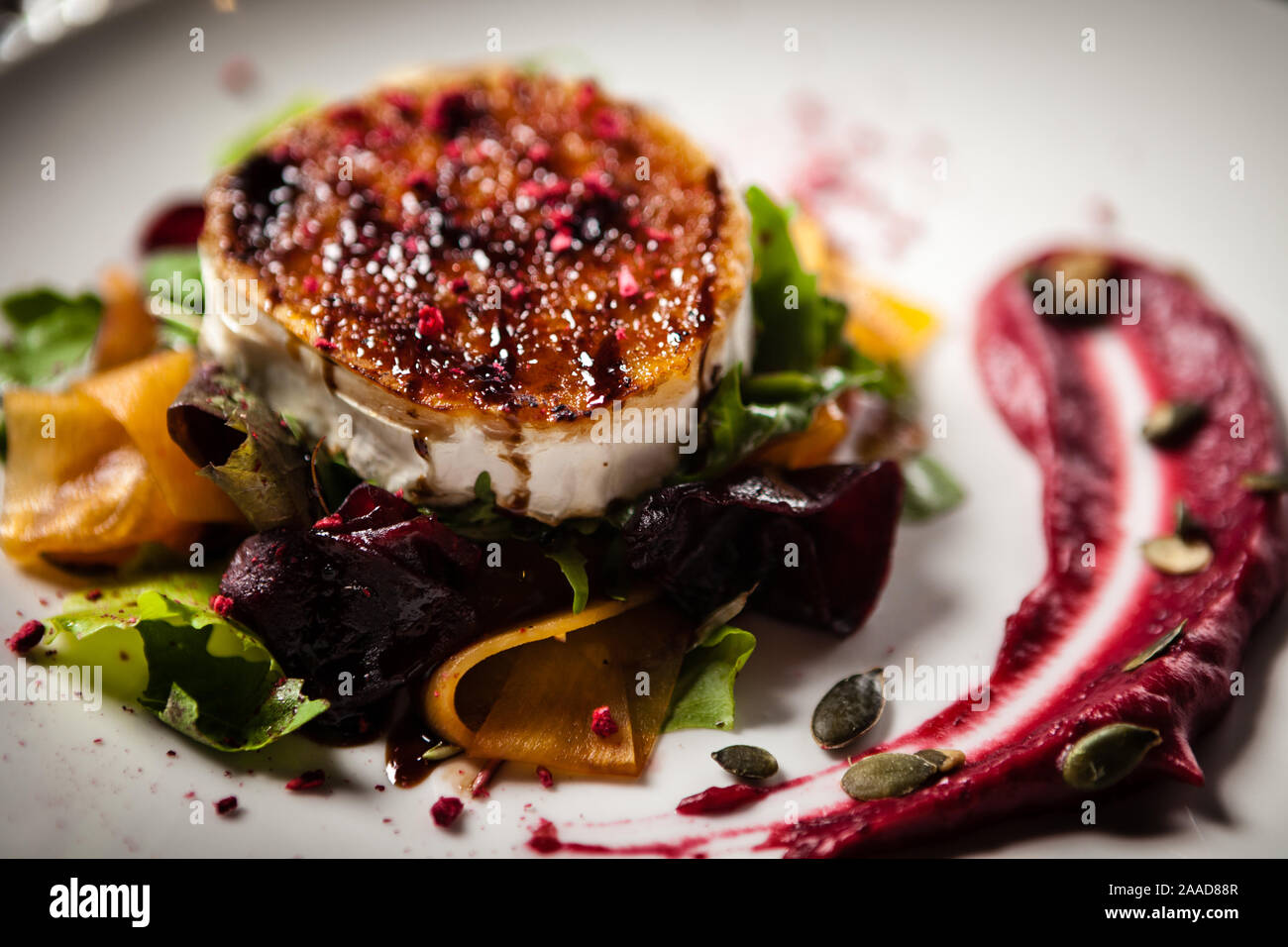 Insalata di formaggio di capra alla griglia: Barbabietola e zucca sottaceto, marmellata di mirtilli rossi, semi di zucca su un piatto bianco. Delizioso sano mediterraneo tradizionale Foto Stock
