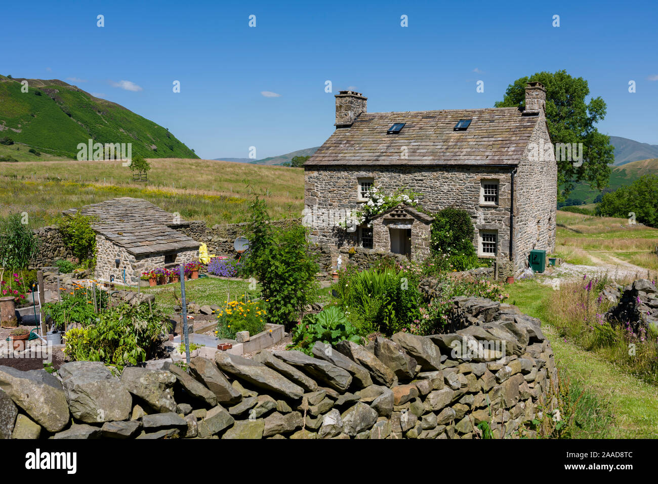 Un cottage in campagna sopra Dentdale nel Yorkshire Dales National Park, Cumbria, Inghilterra. Foto Stock