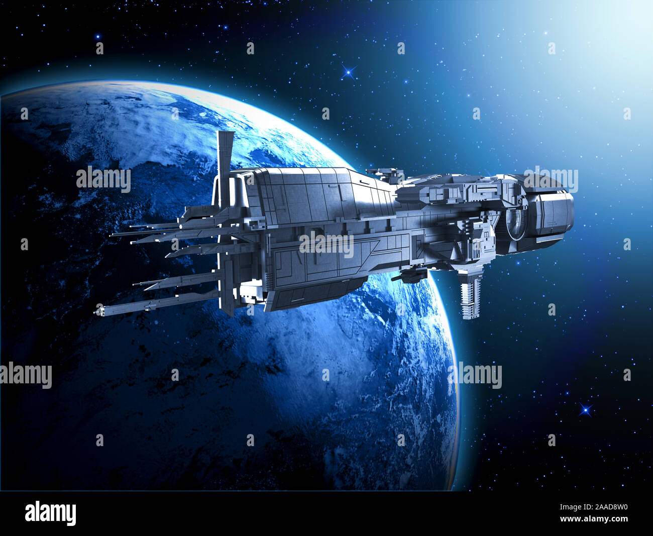 Astronave con il pianeta terra - 3D render Foto Stock