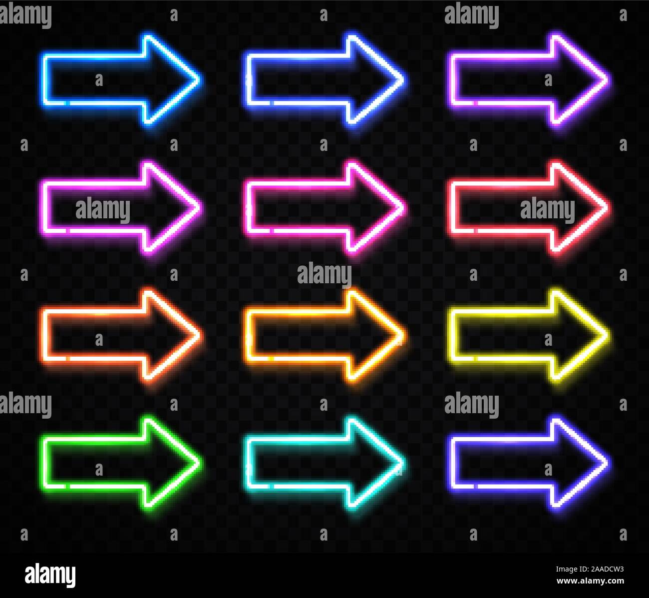 Neon segno di freccia imposta isolato scuro su sfondo trasparente. Realistico incandescente puntatore elettrico. Colore di notte illuminato a LED che mostra segni di direzione. Illustrazione Vettoriale