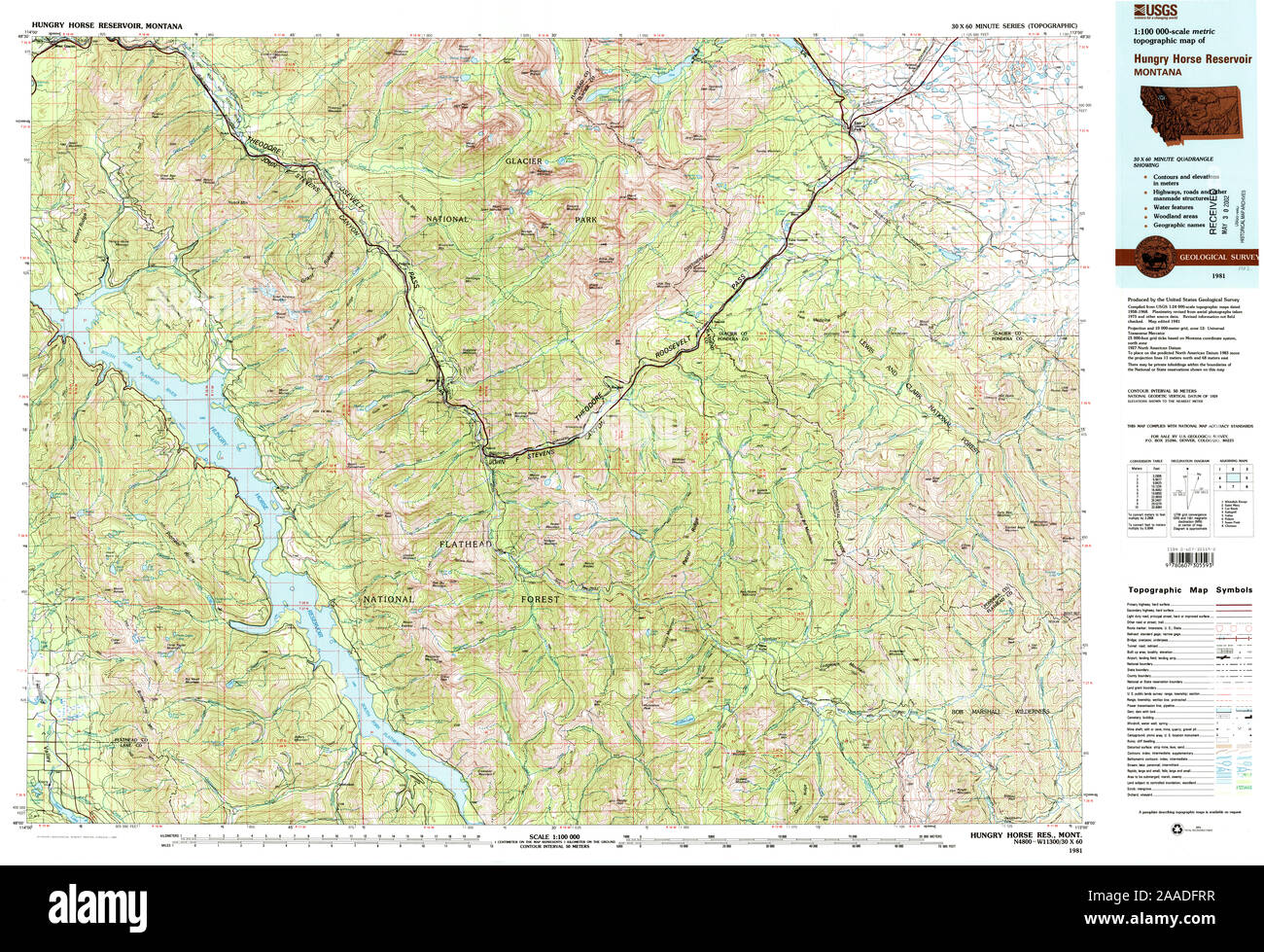 USGS TOPO Map Montana MT Hungry Horse serbatoio 268424 1981 100000 Il restauro Foto Stock