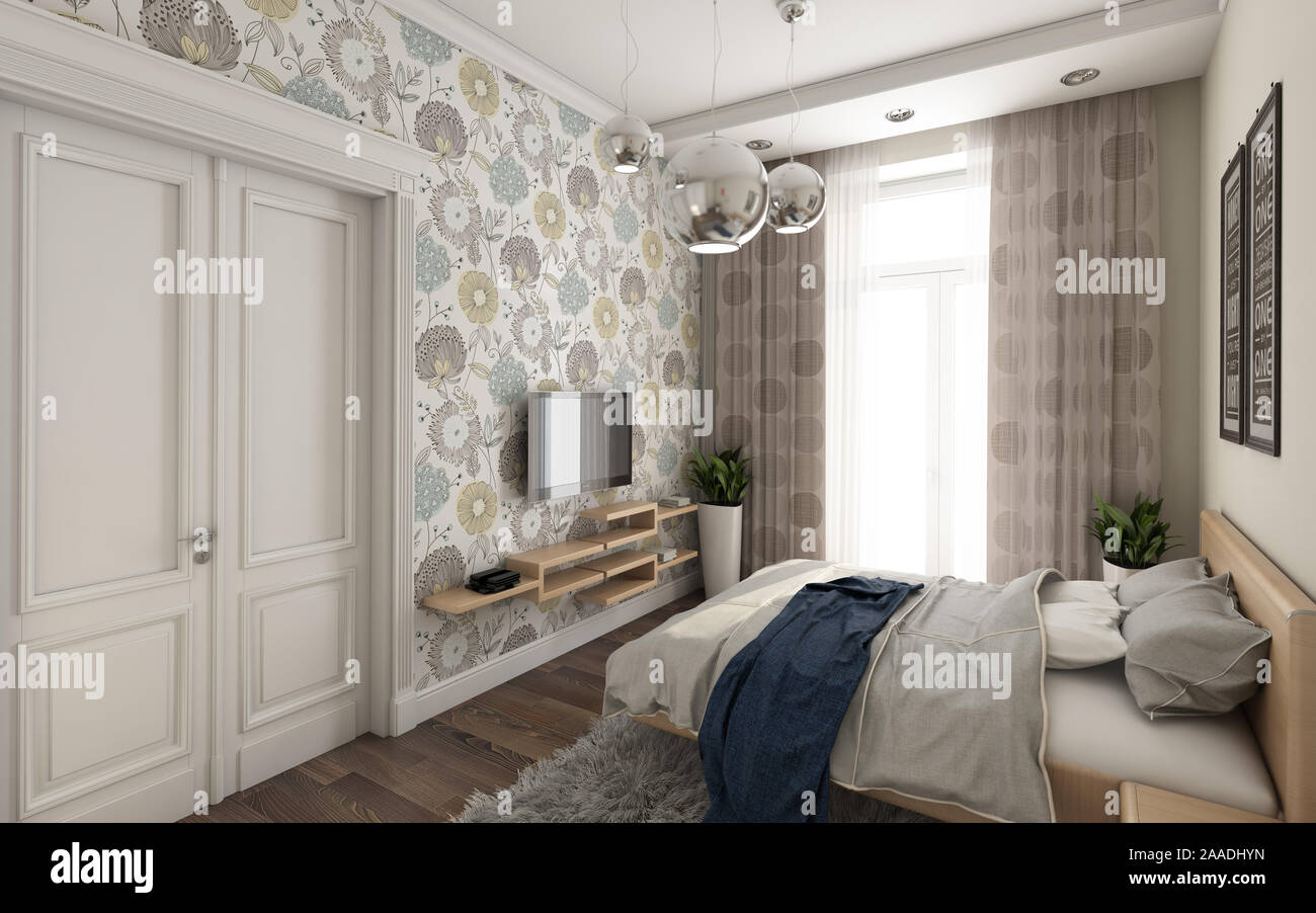 Luminosa camera da letto con sfondi colorati Foto Stock