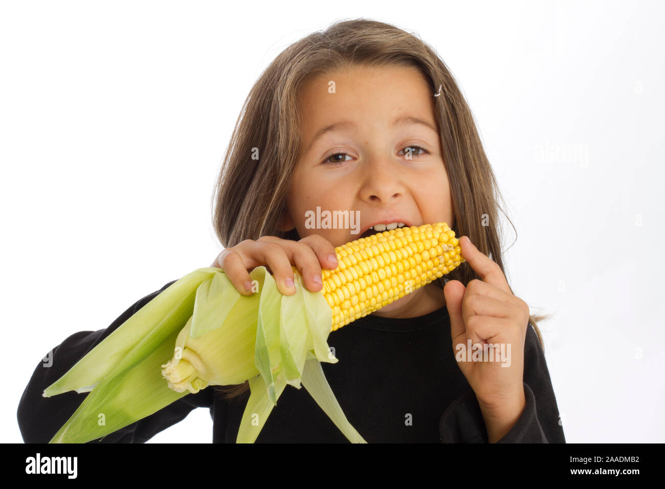Sechsjährige isst Maiskolben (MR) Foto Stock
