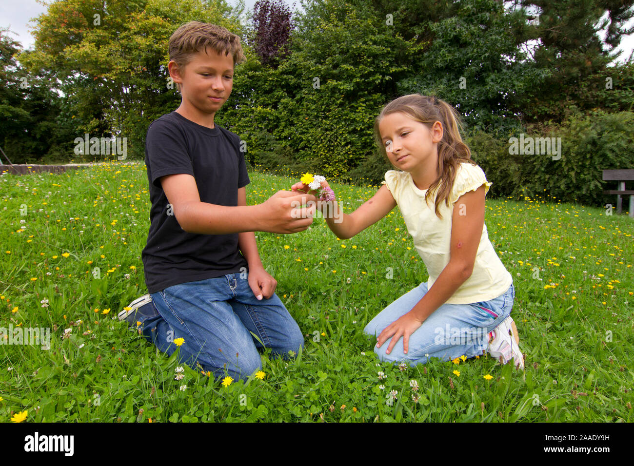 Kinder auf Blumenwiese Foto Stock