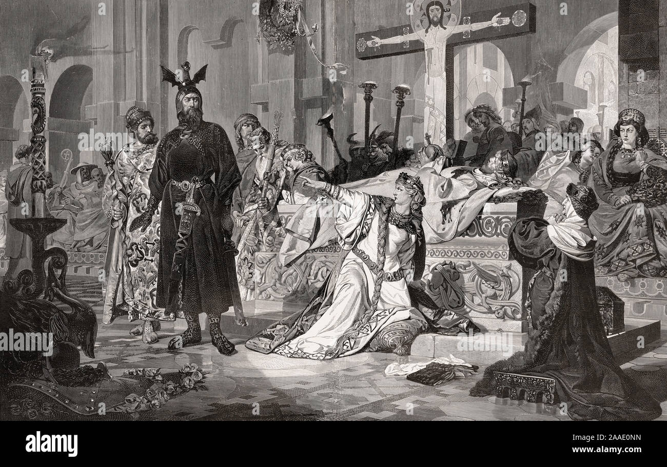 Kriemhild presso il catafalco di Siegfried, canzone del Nibelungs, un poema epico in medio alto tedesco Foto Stock