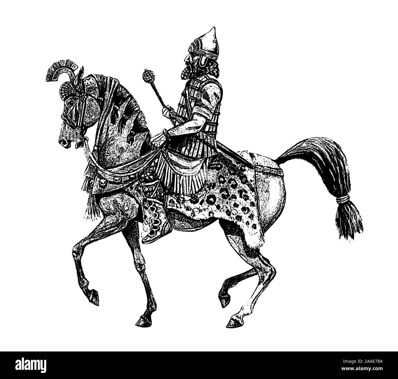 Antico cavaliere assira. Antico Guerriero a cavallo . Illustrazione del libro. Foto Stock