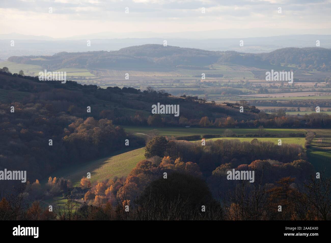 Vista verso Snowshill, Cotswolds, Gloucestershire, Inghilterra Foto Stock