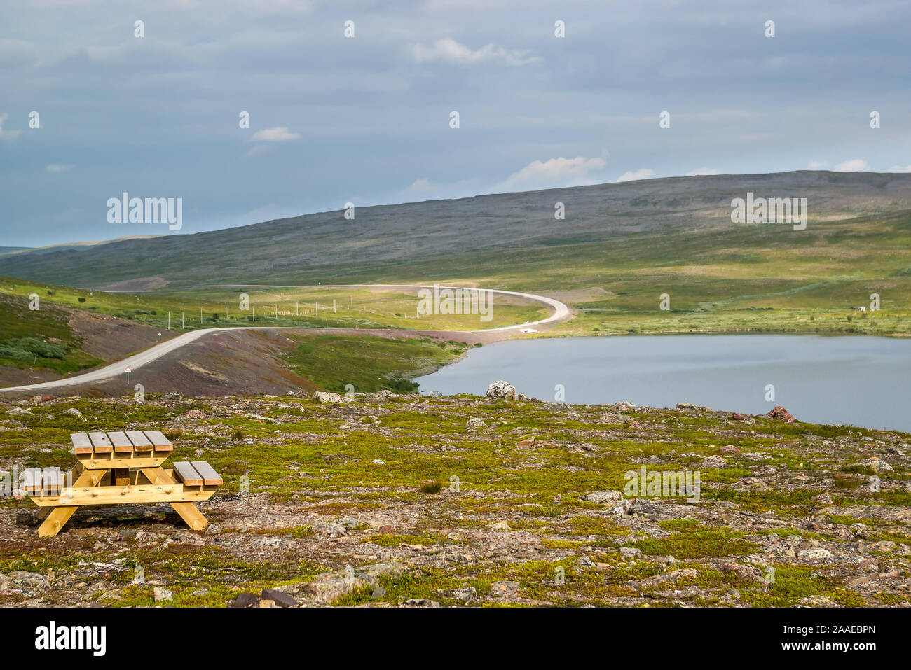 In legno Tavolo picnic con panche in prossimità di un lago e vuoto strada asfaltata attraverso estate norvegese colline verdi in Finnmark, Norvegia. Foto Stock