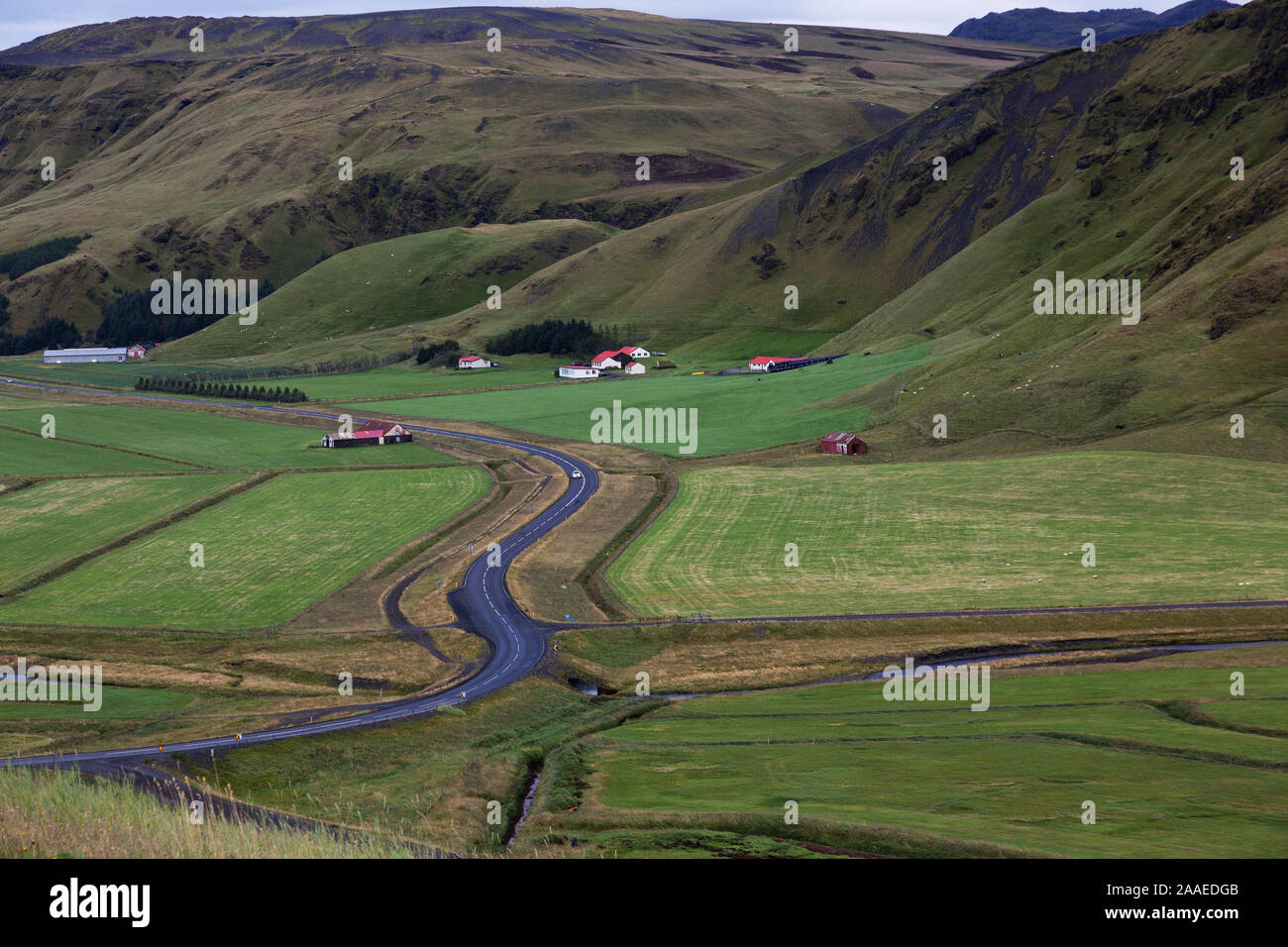 Ring Road vicino a Vik si affaccia country farm Islanda Foto Stock