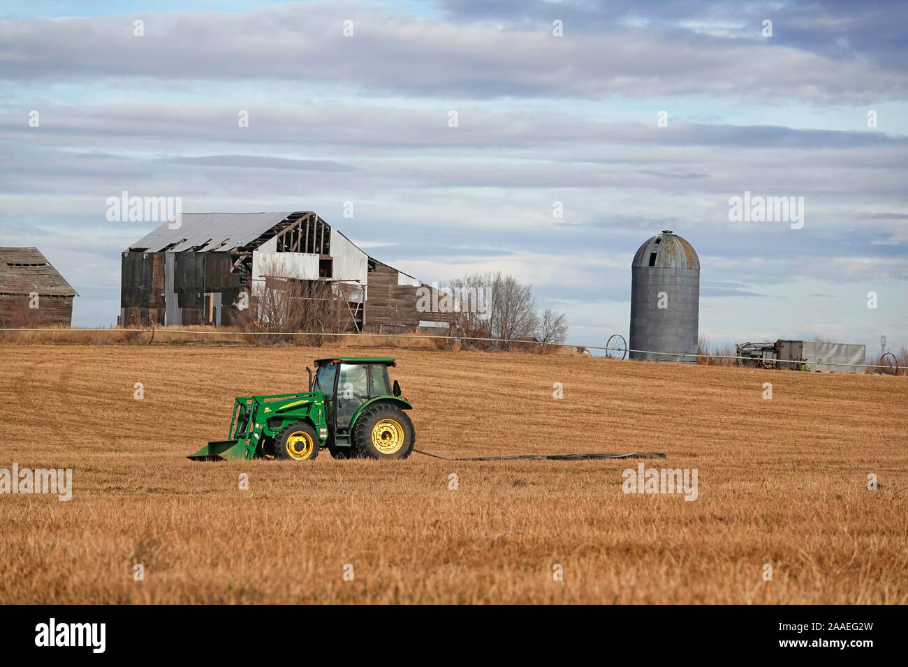 Un vecchio trattore agricolo si siede in un campo già raccolti di erba medica nel paese di fattoria vicino a Madras, Oregon. Foto Stock