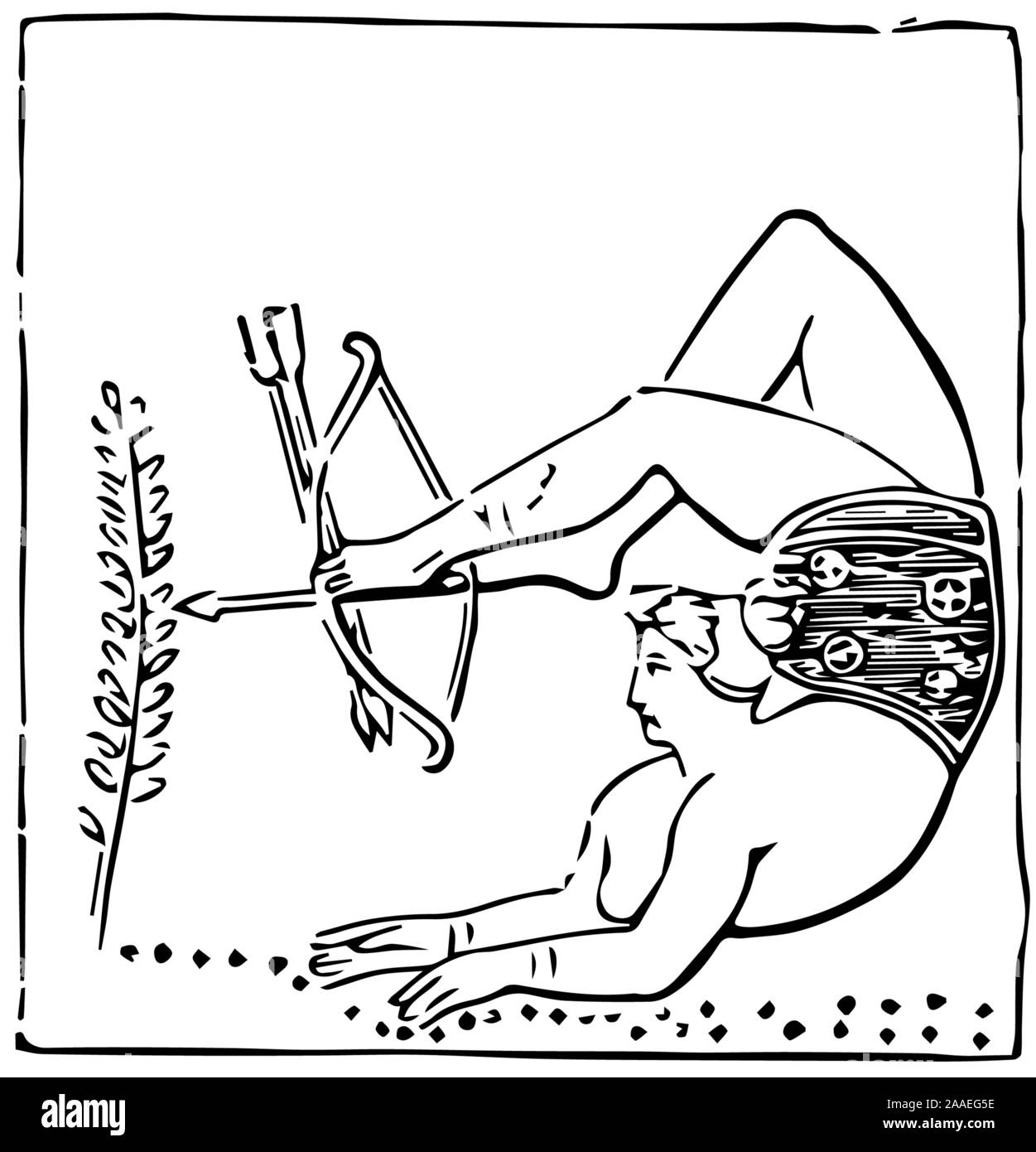 Tastatura moderno da antiche anfore greche che mostra una femmina di giocoliere e attore in una posizione contorta, utilizzando i suoi piedi al fuoco e freccia da arco e frecce, Grecia, 2019. La cortesia Internet Archive. () Foto Stock