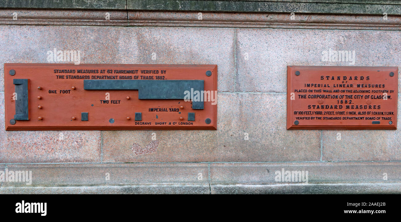 Standard di misure lineari imperiali, Corporation of the city of Glasgow, 1882,Plaque,George Square, Scotland, UK Foto Stock