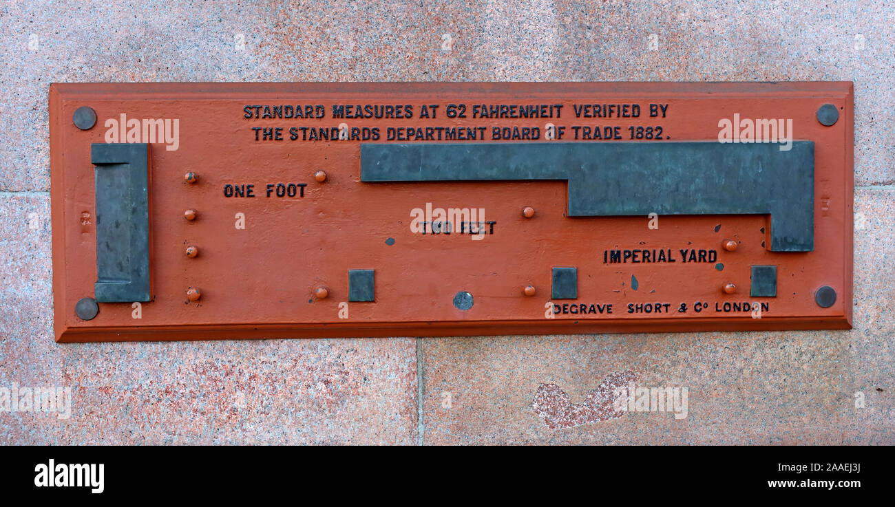 Standard di misure lineari imperiali, Corporation of the city of Glasgow, 1882,Plaque,George Square, Scotland, UK Foto Stock