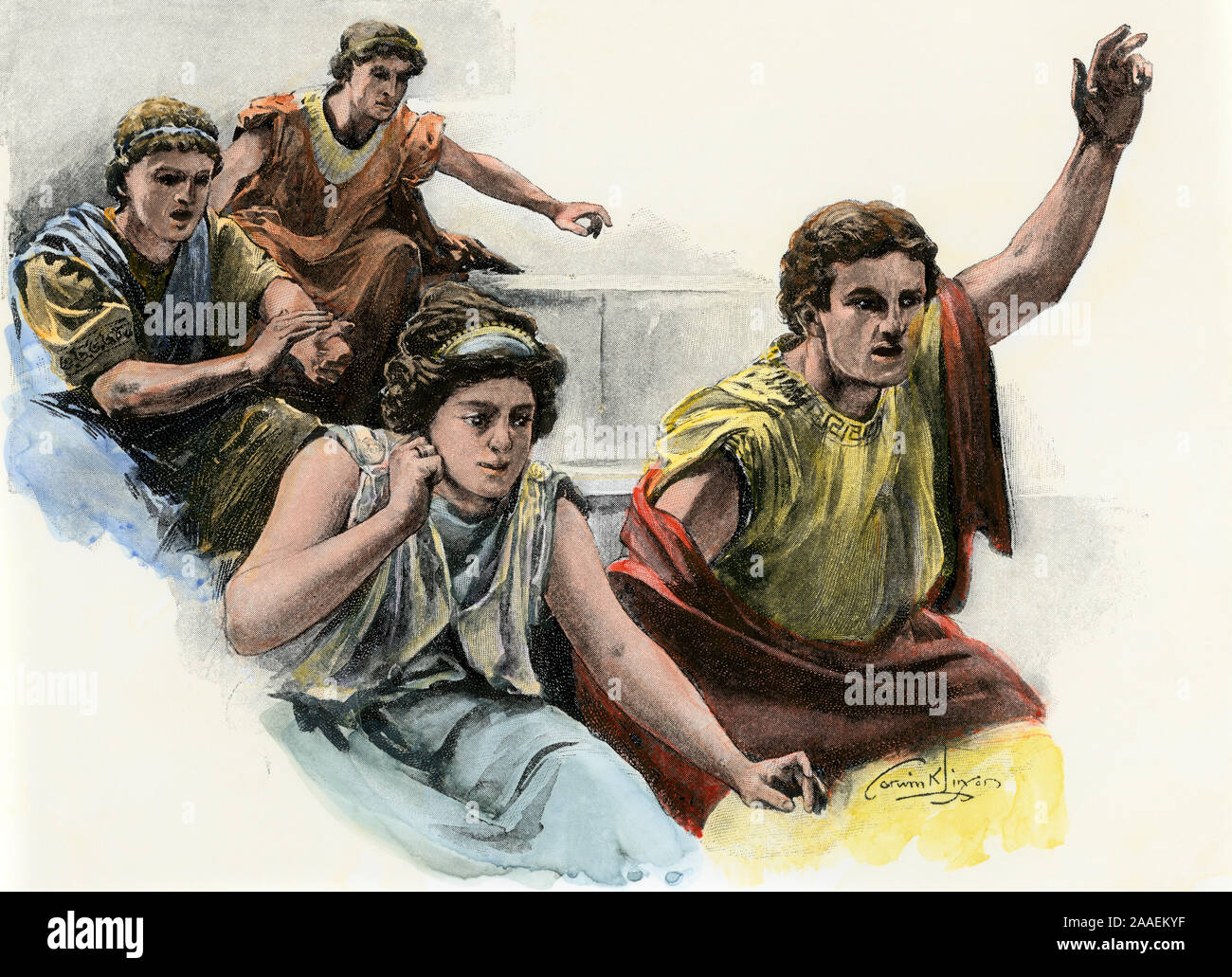 Il Greco antico pubblico a guardare i Giochi Olimpici. Colorate a mano di mezzitoni una illustrazione Foto Stock