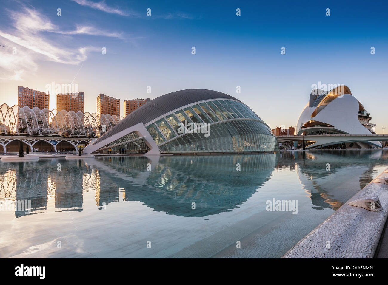 Città delle Arti e delle scienze nelle prime ore del mattino, progettato da Calatrava, Valencia, Spagna Foto Stock
