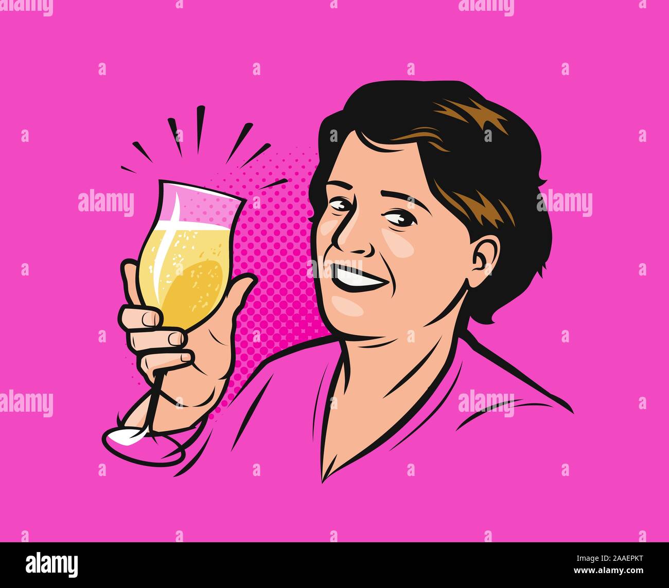 donna felice con un bicchiere di champagne. Illustrazione vettoriale in stile fumetto pop art retrò Illustrazione Vettoriale