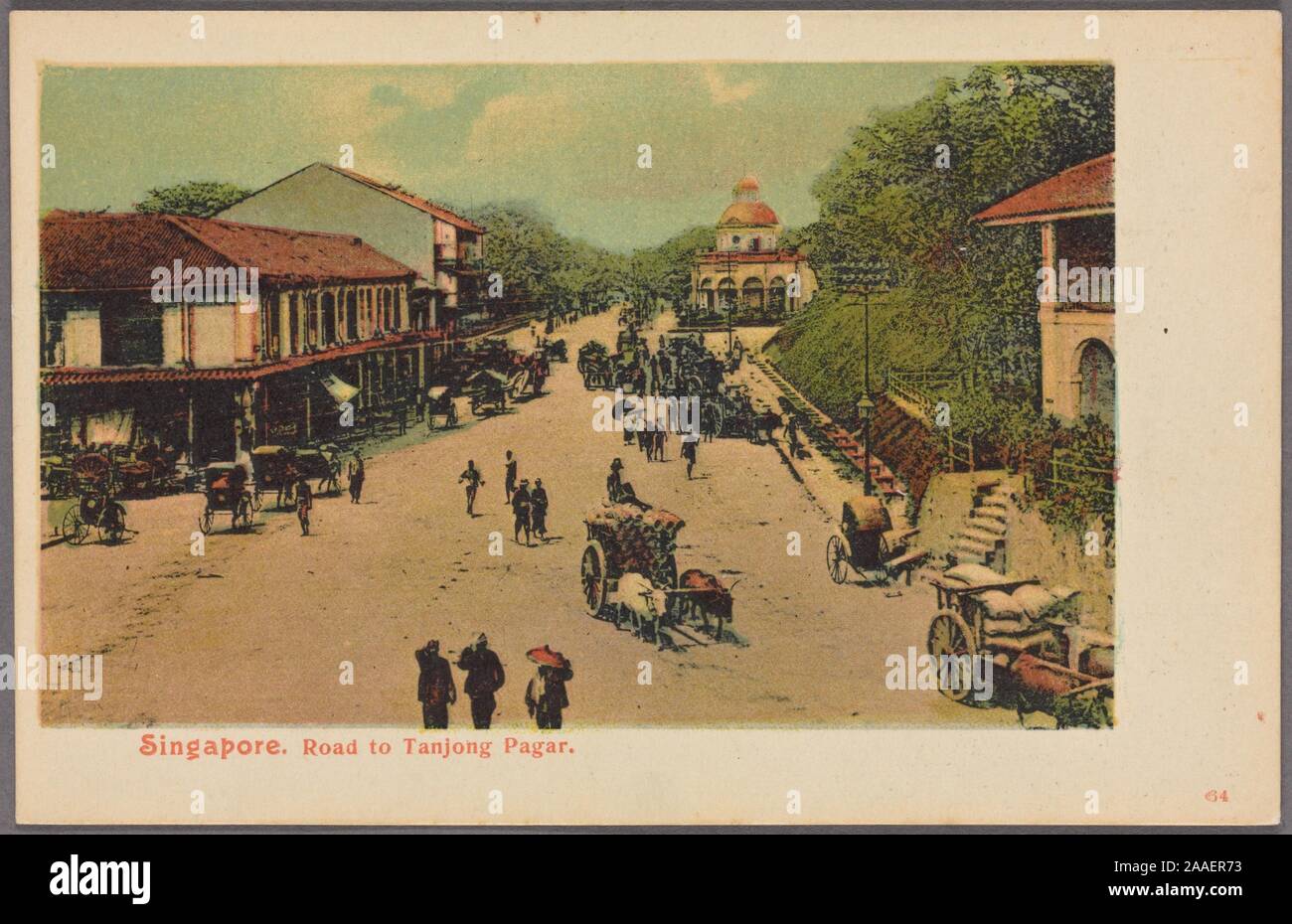 Cartolina illustrata di pedoni e ox-carri trainati sulla strada di Tanjong Pagar, cinesi e indiani in enclave di Singapore, 1905. Dalla Biblioteca Pubblica di New York. () Foto Stock