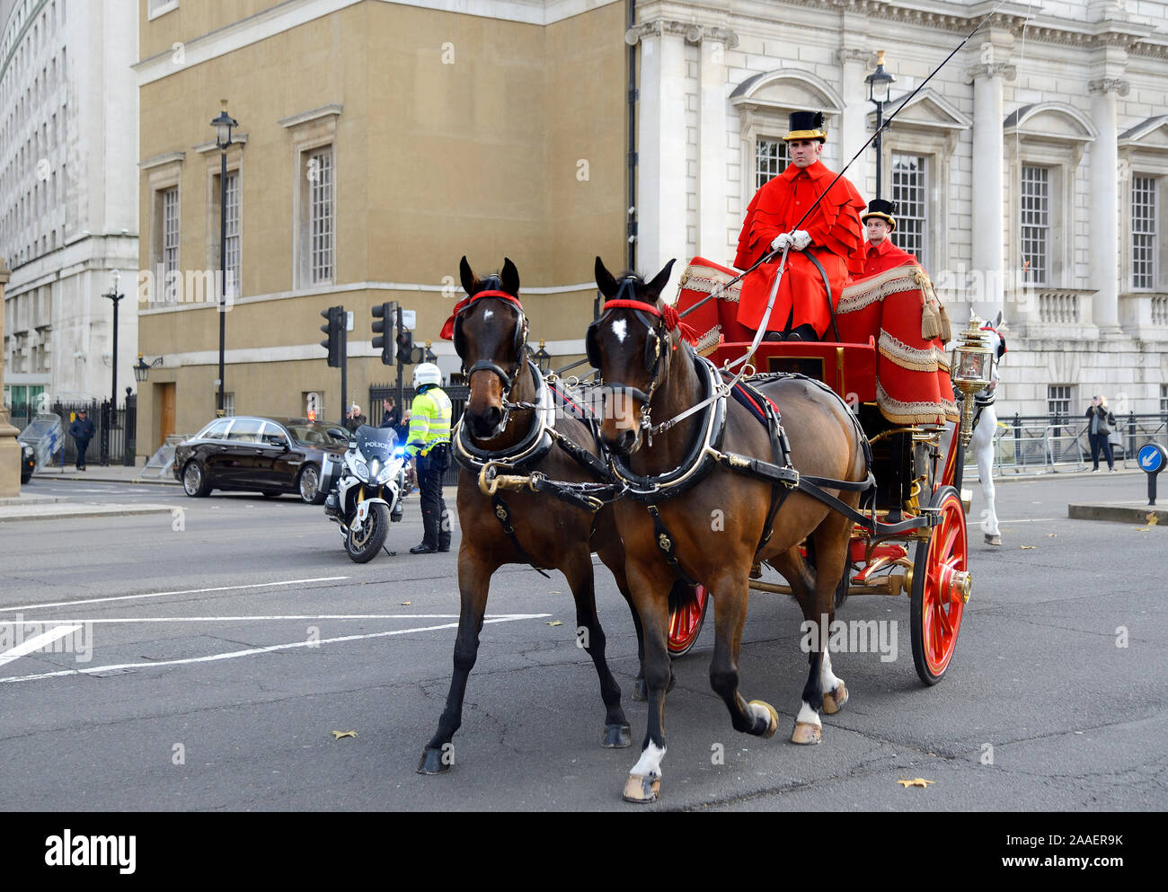 Londra, Inghilterra, Regno Unito. Royal carrozze e cavalli in Whitehall, tenendo il nuovo Ambasciatore del Suriname a Buckingham Palace per incontrare la Regina, 20.11.2019 Foto Stock