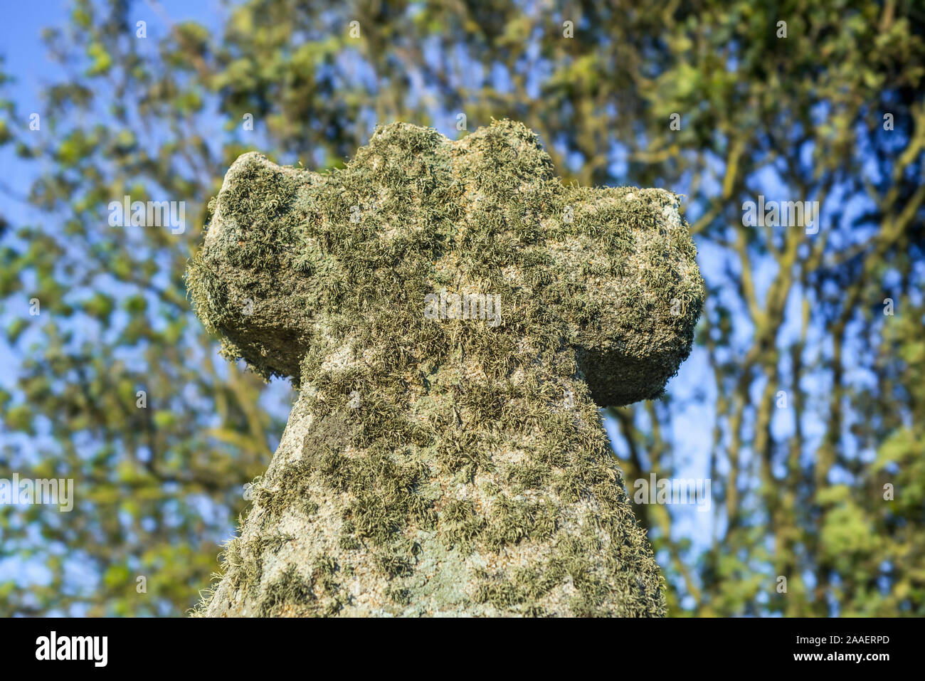 Gibet des Moines / monaci patibolo, uno dei due età del ferro stele con croce gallico al Pointe Saint Mathieu, Plougonvelin, Finistère Bretagna, Francia Foto Stock